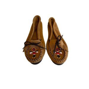 Minnetonka Brown Suede Beaded Moccasin  Fringe Trim Hard Sole Size 10